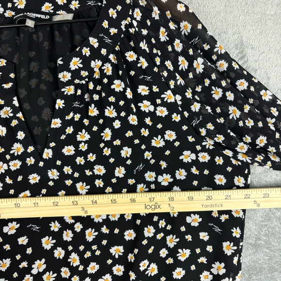 Karl Lagerfeld Black Floral Blouson Top Women Large Split V-Neck 3/4 Puff Sleeve - Picture 15 of 16